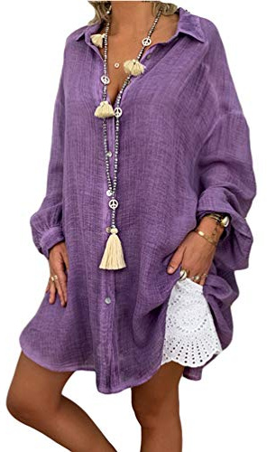 HZQIFEI Donna Mare Camicia Vestito da Spiaggia Copricostume da Bagno Scollo a V Camicetta Bikini Cover Up Manica Lunga (Viola, L)