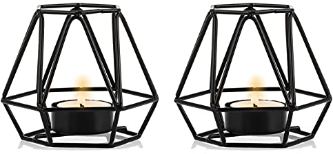 Nuptio Teelichthalter Schwarz Geometrische Kerzenhalter - 2 Stück Teelicht Metall Sechseck Geometrisch Kerzenständer Schwarzer Votiv für Hochzeit Hause Couchtische Dekor Ornamente für Weihnachtsfeier