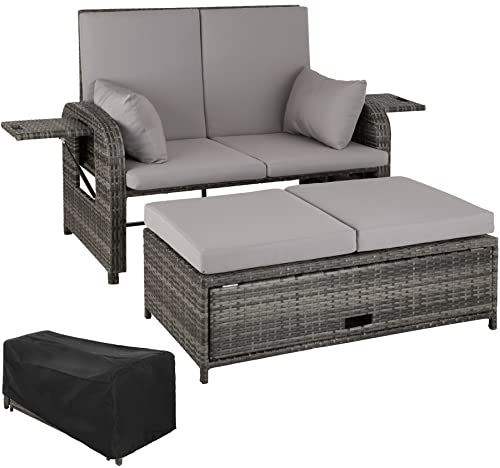 tectake® Poly Rattan Geflecht Lounge Set mit Hocker, Polsteraufbewahrung, 2er Sofa, Couch mit Verstellbarer Rückenlehne, wetterfest, Möbel für Balkon, Garten, Terrasse, Schutzhülle - grau