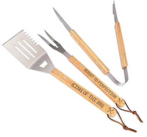 Gift Base Personalisiertes Grillwerkzeug-Set, 3-teilig, Edelstahl, mit Holzgriff, individuelle Nachricht