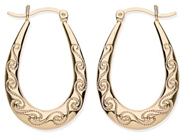 9ct Yellow Gold on Silver Patterned Oval Creole Hoop Earrings