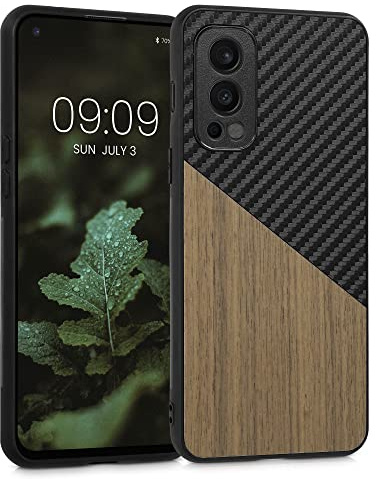 kwmobile Coque Compatible avec OnePlus Nord 2 5G - Housse en Bois et Fibre Carbone Brun foncé-Noir