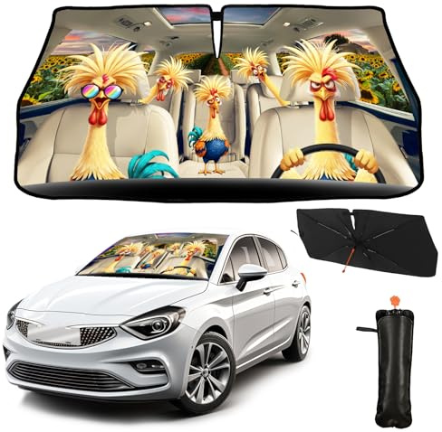 CHILL·TEK Funny Animals Car Windshield Umbrella, Rooster Sun Shade Umbrellas for Car Front Window,Block UV Rays Foldable Windshield Umbrella Sun Visor Protector-Keep Vehicle Cool for Most Vehicles