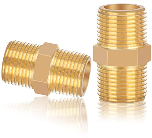 nutmanel Dubbele Nippel 3/8 inch(12mm), Messing Buitendraad, 2 stuks Dubbele Nippel Zeskan 3/8 inch AG/AG, Schroefdraadfitting, Messing Fittingen Geschikt voor Buisaansluiting
