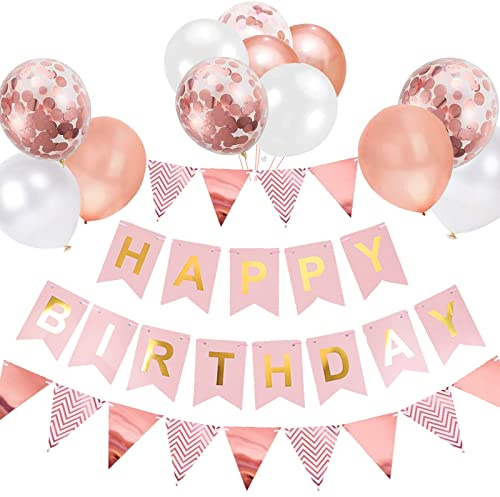 Luftballons Geburtstag Dekoration Set, Roségold Geburtstagsdeko Happy Birthday deko Banner Party Deko Geburtstag Set mit Roségold Luftballons Konfetti Ballons Dreiecksflaggen Girlanden