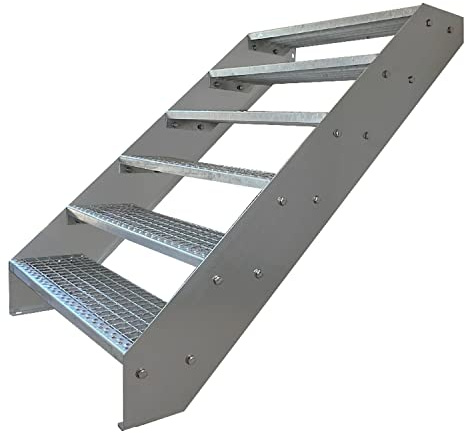 Kaminbau Mierzwa Premium Stahl Treppe Verzinkt & Silber Pulverbeschichtet 6 Stufen (Breite 100 cm) (Höhe 114 cm) Wetterfest Gitterroststufe Gartentreppe