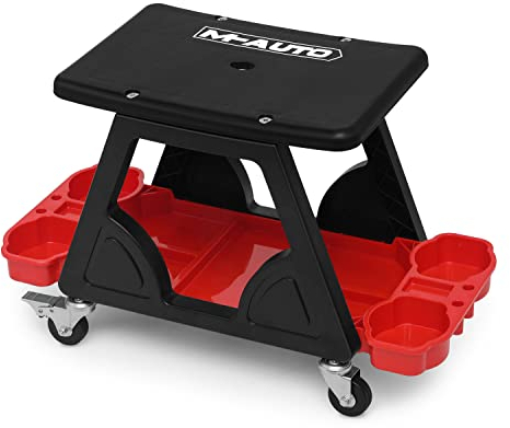 M-AUTO Mechaniker-Hocker, mobiler Rollsitz mit abschließbaren Drehrollen, 136 kg Kapazität, Rollenhalter mit Ablagewerkzeug und Schubladen, 58,4 cm, Rot