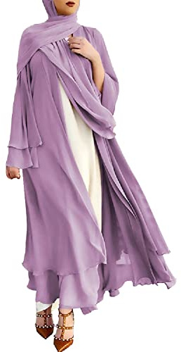 IBTOM CASTLE Open Abayas for Women Muslim, Chiffon Maxi Kaftan Dress Soild Color Cardigan Full Length Modest Dress Islamic Robe Loose Turkey Dubai Cover Up Casual Dresses Purple S
