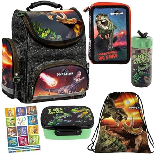 Goldkids Schulranzen Set 6er Ranzen Tornister Federmappe Turnbeutel Turnsack Brotdose Trinkflasche Aufgabenheft für die Grundschule Dinosaurier Dino Motiv