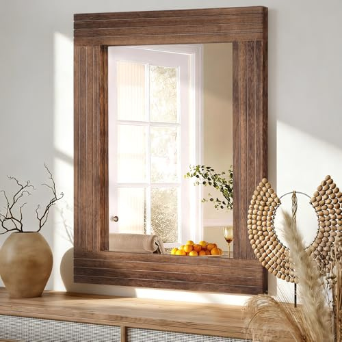 HLFMVWE Miroir Rustique Bois Rectangulaire Antique Miroir Mural Cadre Décor Farmhouse Chambre à Coucher Dresser Chambre à Coucher Miroir d'entrée Grand Marron 45 x 65cm