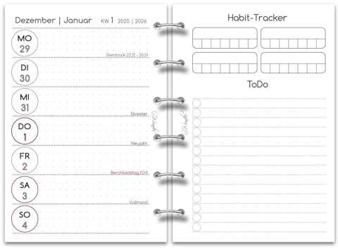 SinnWunder®2026 Premium Wochen-Kalendereinlagen - 1 Woche auf 2 Seiten und gratis ToDo-Listen- Größe Pocket mit Filofax-Lochung - ColorMeSinn