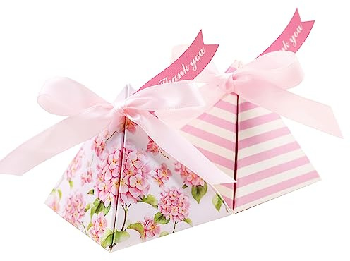 Hochzeit Geschenkbox 30 Stück Gastgeschenke Babyparty Klein Süßigkeiten Kasten Gastgeschenke Schachtel Kartons Bonboniere Kasten mit Farbband für Taufe Geburt Party (Rosa Hortensie)
