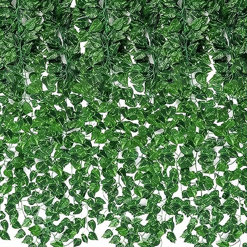 ANBOWEI Efeu Künstlich Girlande, 12 Stück Grün Efeu mit Kabelbinder, Pflanzen Efeuranke für Garten Hochzeit Party Wanddekoration - 90 Fuß