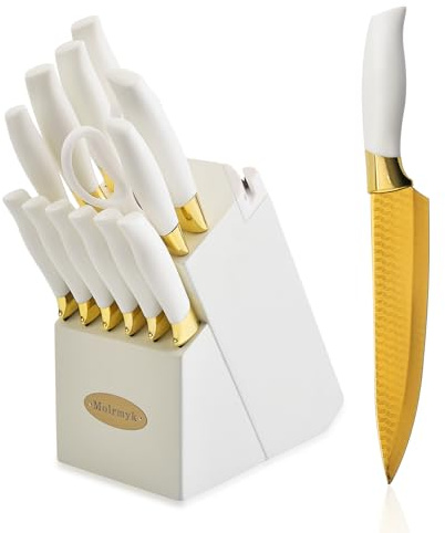 Knife Set, Non Stick Thick and Sharp Stainless Steel Kitchen Knives Set with Wood Block, 14 Pcs Cutlery Knives Block Set with Steak Knife, Bread Knife, Scissors, Chef Quality, White Handle Gold Blade