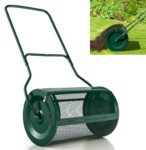 GiantexUK 27’’ Compost Spreader, Peat Moss Seeding Manure Fertiliser Garden Roller with U-shaped Handle & Side Clasps, Heavy Duty Metal Mesh Basket Top Dresser Lawn Spreader, 76L (Green)