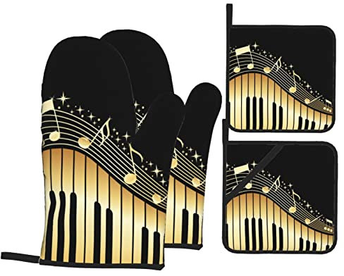 Lot de 4 Gants de Four et maniques avec Impression de Notes de Musique Originales, Gants de Four et maniques résistants à la Chaleur pour la Cuisine, la Cuisson, Le Barbecue