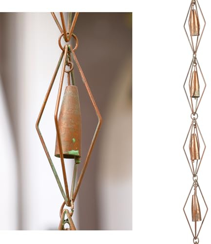 Retrome 8-1/2 Feet Diamond & Bell Rain Chain for Outsides, Rain Catch Chains for Gutters Downspouts, Copper Patina Finish Iron