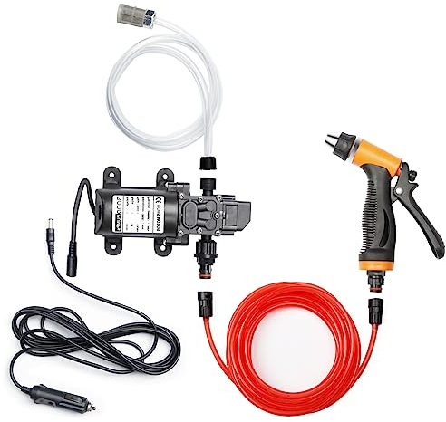 Pindex High Pressure Self Priming Water Pump with Pressure Washer DC12V 100W, Diaphragm Water Pump with 6m PVC Hose for Car Home Garden Cleaning