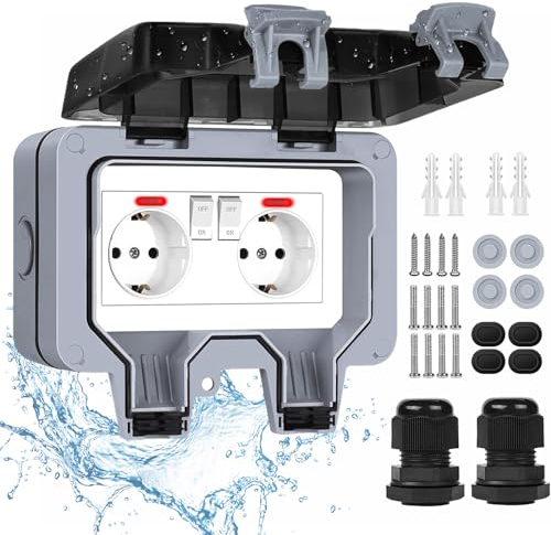 Außensteckdose Wasserdicht 2 Fach Outdoor Steckdose IP66 mit Schalter Kontrollleuchte, Aussensteckdose Wandsteckdose Gartensteckdose mit Abschließbar Klappdeckel für Garten Außenbereich Feuchträume