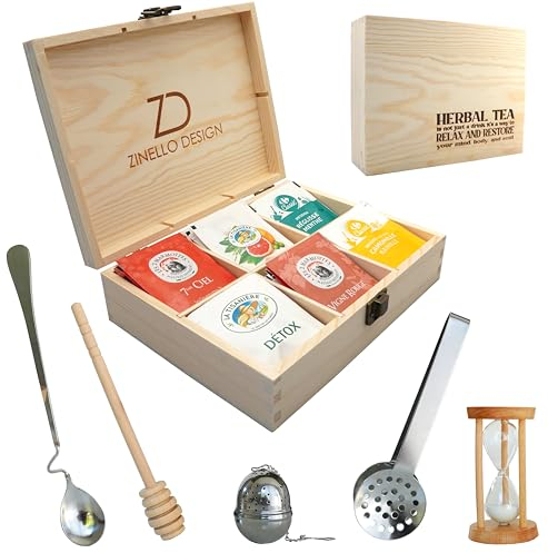 Zinello Design Scatola portaoggetti Tè Tisana in legno con accessori, 80 sacchetti 6 scomparti ermetici, confezione regalo per infuso, cucchiaio clessidra, 23 x 17 cm