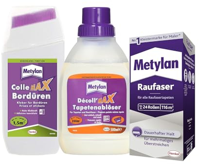 Metylan Raufaser, für Raufasertapete (1x720g) & Metylan Bordüren Klebstoff (1x250g) & Metylan Tapetenablöser Aktiv-Konzentrat, löst schnell und problemlos (1x0,5l)