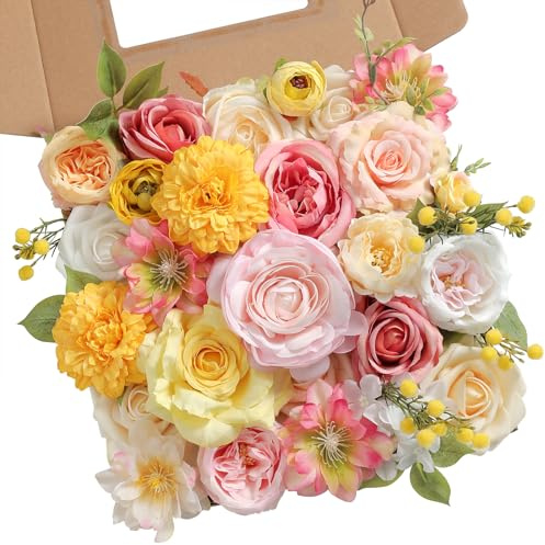 RUIDKUN Artificial Flower Assortment for DIY Centerpiece Arrangement Wedding Hand Bouquet Flower Bouquet Centerpiece Arrangement Party Baby Shower Home Decoration (Pink Yellow)