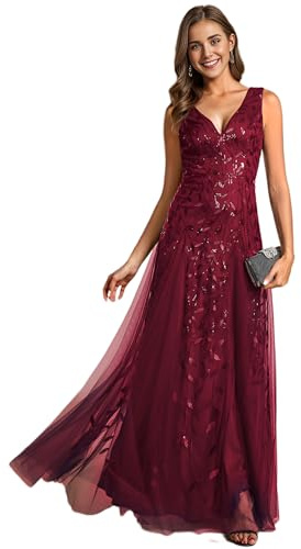 Ever-Pretty Vestido de Noche para Mujer Cuello en V Lentejuelas Invitadas de Boda Largo Sin Mangas Cintura Imperio Formal Fiesta Burdeos 40