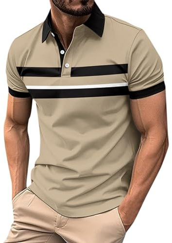 Mens Stylish Polo Cotton Short Sleeve Contrasting Color Regular Top Golf Shirt Gym Shirts for Men Barbour Mens Shirts Long Sleeve red and Black Striped top Mens T-Shirt (Khaki, XXL)