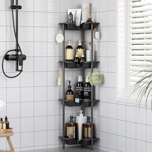 Oriware Estanteria Baño de Ducha de Pie, Organizador de Esquina de Piso de Empalme con 4 Ganchos, Cesta Ducha sin Taladrar para Baño (Negro, 4 Tier)