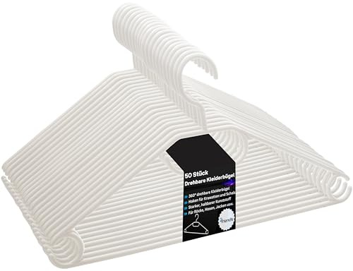 Sustania Kleiderbügel weiß 50 Stück mit drehbaren Haken, Kleiderbügel Kunststoff, Kleiderbügel Plastik weiß, Made in EU, Kleiderbügel Haken platzsparend, 100% Recyclingmaterial