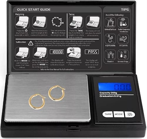 Digital Kitchen Scales - 0.01g x 200g, LCD Display, Jewellery & Gold Scale - Black (0.01gm-200gm)