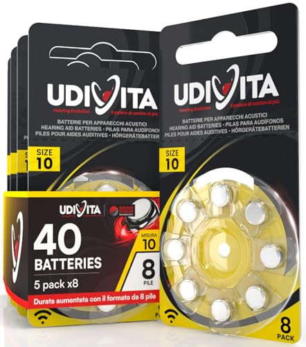 40 Batterie per Apparecchi Acustici Udivita Misura 10 PR70 (Gialle) con Tecnologia Phono Pulse - 5 Blister da 8 Pile