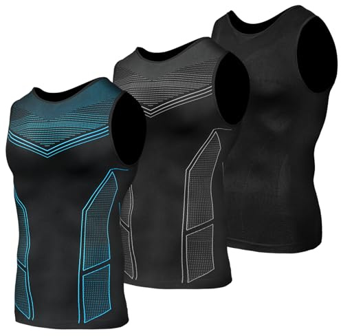 Odoland 3 PCS Compression Vest for Men Base Layer Top Quick Dry Workout Tank Tops Gym,Line Grey/Line Blue/Black,XL