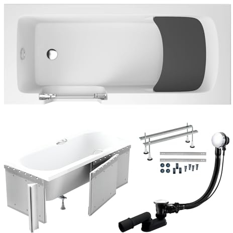 BADLAND Premium SET 6in1 Badewanne Rechteck Acryl Weiß Wanne, Seniorenbadewanne mit Glastür und Holzsitz VOVO 170x75 cm, Links mit Styroporverkleidung, Made in EU, mit Ablaufgarnitur und Füßen