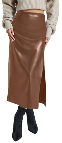 RSBFK Damen-Bleistiftrock mit hoher Taille, Kunstleder, Seitenschlitz, figurbetonte Passform, langer Midirock, braun, XL
