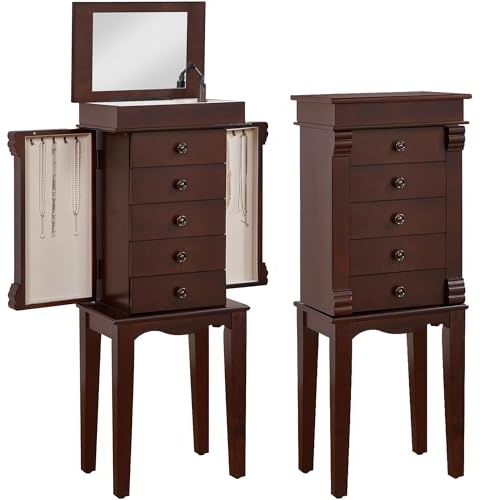 BOUQUETYZ Standing Jewelry Armoire Cabinet Storage Chest with 5 Drawers, Top Divided Jewelry Organizer with Makeup Mirror, 2 Side Doors, 10 Necklace Hooks – Wooden Jewelry Armoire for Women (Walnut)