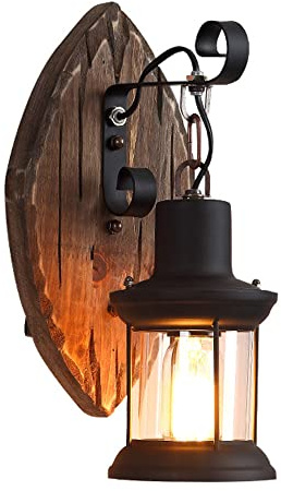 Wandlampe Vintage Holz-Glas E27 Flur Cafe Bar | Metallrahmen, schwenkbarer Kopf, warmes Licht (2700K), für Wohnzimmer, Schlafzimmer, Treppenhaus – Montage inkl. Schrauben