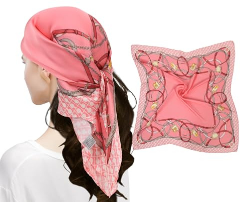 MEANBEAUTY Bandana sidenhalsdukar fyrkantig satin huvudduk för kvinnor hårhalsduk 70 x 70 cm med presentförpackning, Kedja/rosa/guld, 27.5 inches (70 cm)