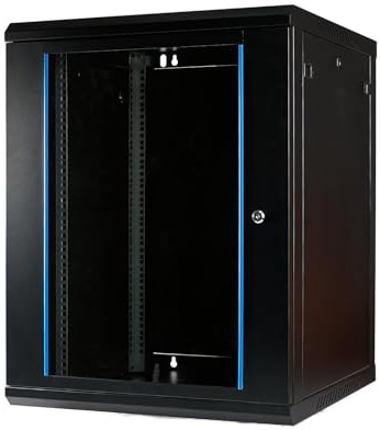 Netzwerkschrank 19 Zoll 15HE I 600 mm Tiefe I Serverschrank Schwarz | montiert | Wandmontage I abschließbare Glastür I voll montiert I 100 kg Traglast I 600×600×770 mm (Schwarz - 60cm, 15HE)