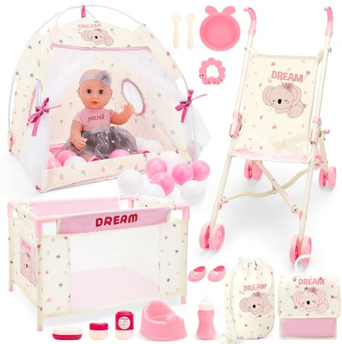 deAO Baby Doll Stroller Playset for Kids Baby Doll Accessories with 14 Doll, Cot and Pram, Play Tent, Feeding Set, Storage Travel Bag and Balls, Pretend Play Nursery Set for Girls Toddlers