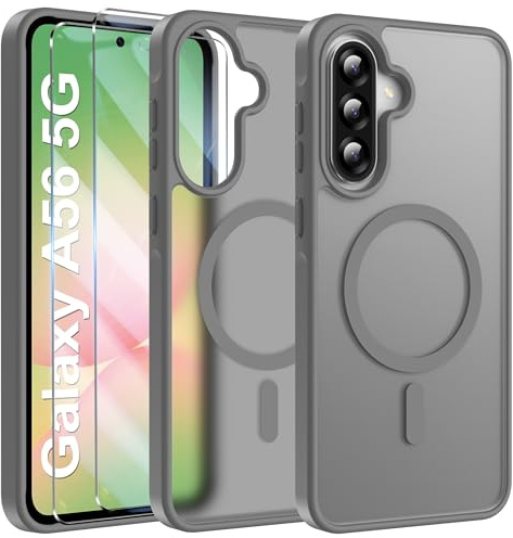 Opkiegrn Magnetica Cover per Samsung Galaxy A56 5G con 2 Pezzi Vetro Temperato, Compatibile con MagSafe, [Antiurto Grado Militare] Custodia Posteriore Glassata Traslucida Anti-Impronte, Grigio