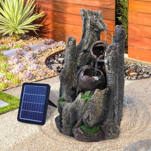Warmiehomy Solar Powered Water Feature, Cascading Waterfall Rockery Decoration Garden Ornament Fountain with LED Lights, 33 x 26 x 56cm Size Garden Fountains and Water Features Outdoor