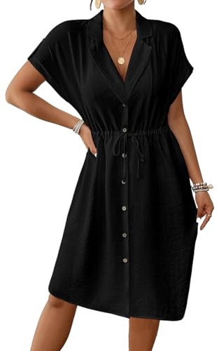 Genfien Robe Chemise Elégant et Décontractée pour Femmes | Col en V,avec Boutons,Manches Courtes,avec Poche,avec Cordon de Serrage