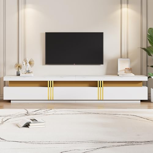 Lcoho Moderner Lowboard TV-Schrank mit Marmor-Optik, TV-Board, TV-Kommode, 200 x 40 x 42 cm – Für Fernseher bis 90 Zoll, DREI Schubladen und 1 Kabelmanagement