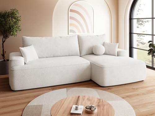 BROMARKT Ecksofa mit Schlaffunktion Sofa mit Bettkasten Weiß Rechts | Wohnlandschaft Eckcouch Freistehend Couch Polstercouch Schlafcouch Stauraum 250 cm Breite 4 Sitzer Schlafsofa
