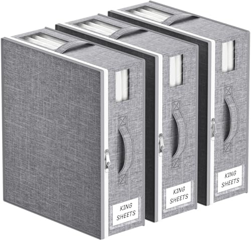 Lifewit Set med 3 stora hopfällbara sängklädessäckar, sängkläder lådor med 2 genomskinliga fönster och 1 etikett, organisatör för filtar och påslakan, 38 × 33 × 12 cm