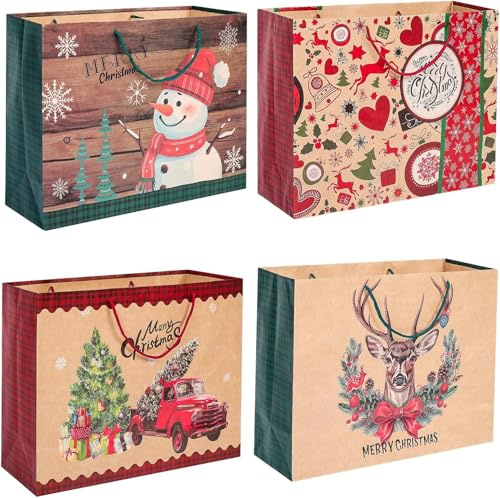 LATERN 8 Piezas Bolsas de Regalo Navideñas, 51CM x 38CM x 18CM Bolsa Grande de Papel Kraft Cajas Gigantes de Papel para Dulces con Asa para Empaquetar Regalos Navideños Gigantes (4 Diseños)
