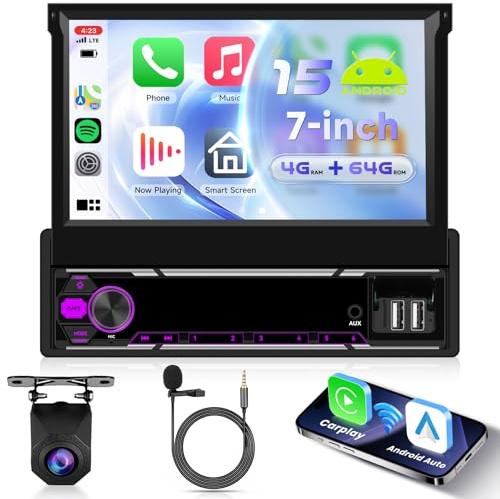 VECHTEL 8 CORE 4G+64G Android 15 Autoradio 1 Din con Carplay Android Auto senza Fili, 7'' HD Schermo Pieghevole Manuale Tattile con Bluetooth GPS DSP 4G/Wi-Fi Radio AM/FM/RDS EQ 2USB Telecamera