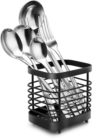 Dawitrly Kitchen Utensil Holder, Stainless Steel Cutlery Drainer for Sink | Rust Proof Cutlery Holder Kitchen Storage Sink Caddy Organiser for Utensil, Knives, Spoon, Forks Space Saving Black