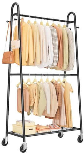 Sakugi Metal Clothes Rack - Clothing Racks for Hanging Clothes with Two Hanging Rods, 4 Hooks & Mesh Shelf, Triangular Coat Rack for Bedroom, Closet, Laundry Room, 36.5 x 16.9 x 72.8,Black
